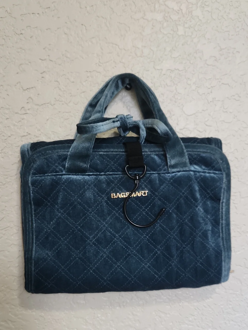 Blue Velvet Quilted Makeup And Jewlery Organizer Bag